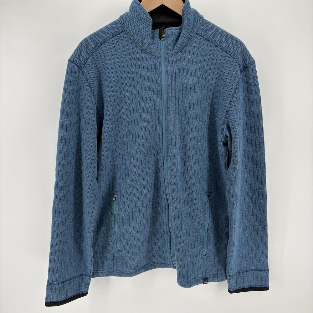 PrAna Barclay Sweater Men's L Full Zip BLUE Wool Blend Jacket $139 EUC